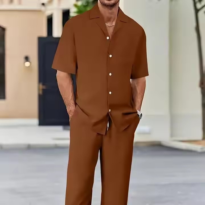 dropshipping Men's Casual Suit-Inspired Short Sleeve Shirt & Loose Straight Pants Set - Polyester, Machine Washable